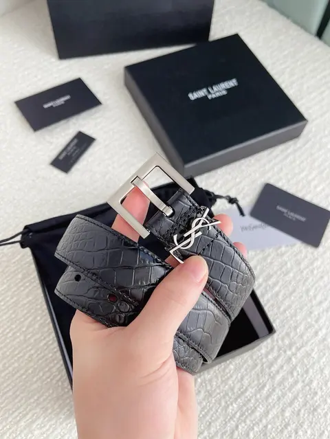 Saint Laurent Paris Crocodile-Embossed Leather Belt