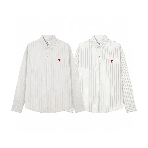 Comme des Garçons Shirt Pinstripe Button-Up with Red Heart Embroidery