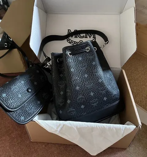 MCM Black Monogram Drawstring Backpack with Matching Pouch