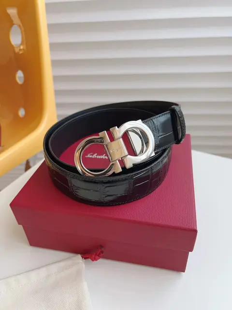 Salvatore Ferragamo Black Croc-Embossed Leather Belt with Silver Gancini Buckle