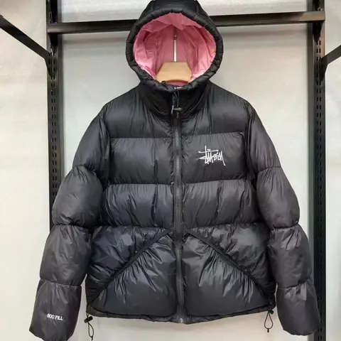 Stussy Black Puffer Jacket with Pink Lining