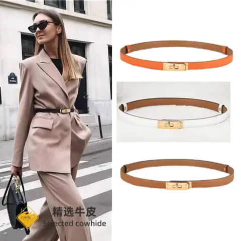 Selected Cowhide Thin Leather Belt with Gold Buckle