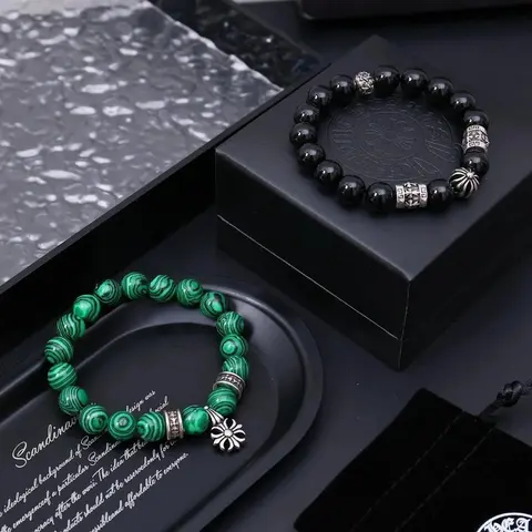 Malachite and Black Agate Beaded Bracelets with Silver Charms