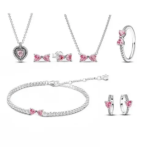 Pink Crystal Bow Jewelry Set with Necklace, Earrings, Ring and Bracelet