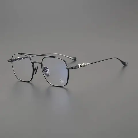 Square Metal Frame Eyeglasses with Decorative Hinges