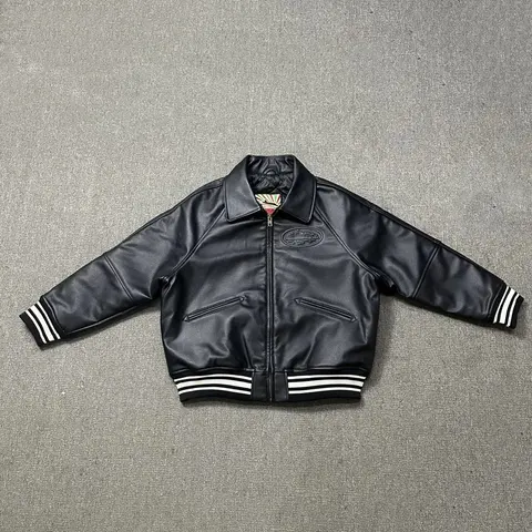 Black Leather Bomber Jacket with White Stripe Trim
