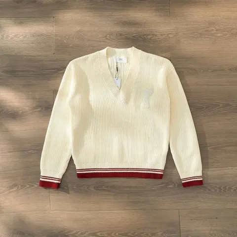 Off-White V-Neck Knit Sweater with Red Trim