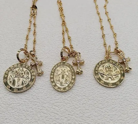 Gold Saint Medal Necklaces with Cross Charms