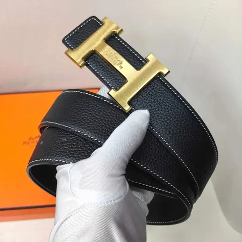 Hermès Black Leather H Belt with Gold Buckle