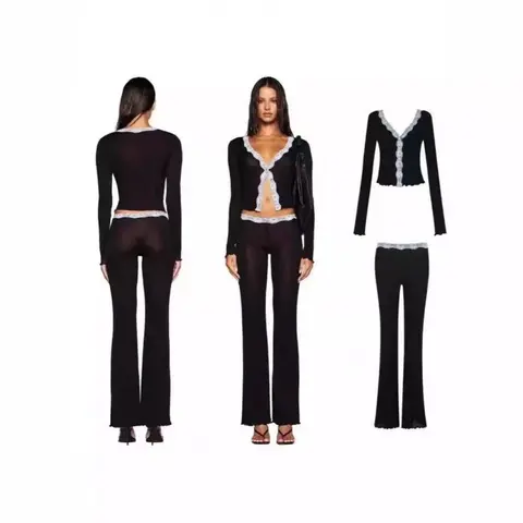Black Lace Trim Crop Top and Flared Pants Set