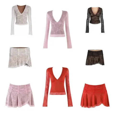 Lace V-Neck Long Sleeve Tops and Matching Skirts Set