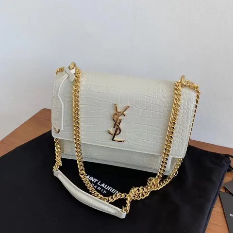 Saint Laurent White Croc-Embossed Chain Shoulder Bag