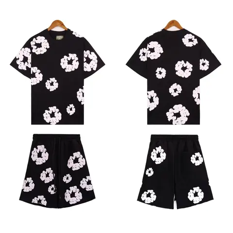 Black and White Floral Print T-Shirt and Shorts Set