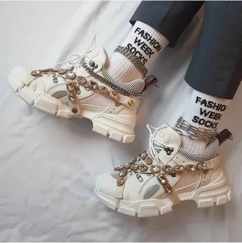 White Chunky Sneakers with Crystal Chain Detail
