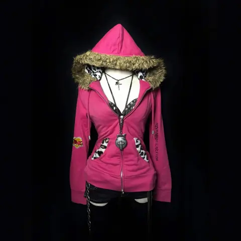 Pink Faux Fur Hooded Zip-Up Sweatshirt with Leopard Print Accents