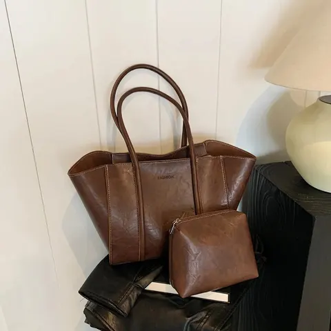 Brown Leather Tote Bag with Matching Pouch Set