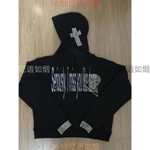 Black Hoodie with Rhinestone Cross and 'Seriously, I miss you like damn' Text