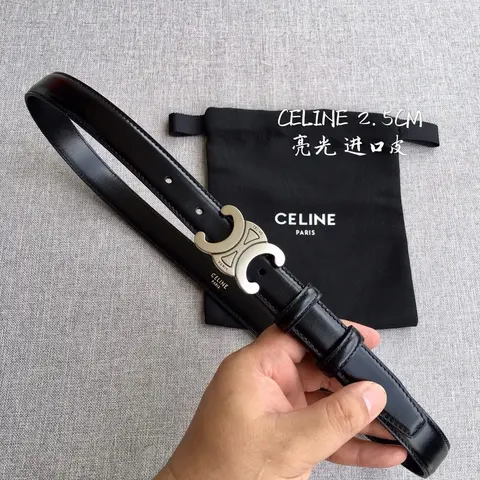 Celine 2.5cm Black Leather Belt with Silver C-Logo Buckle