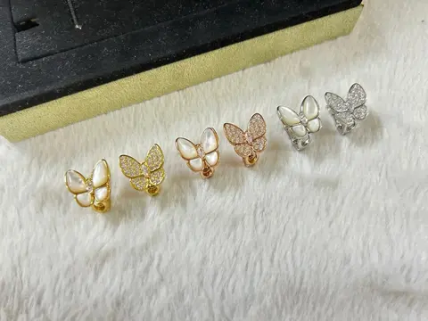 VCA Butterfly White Shell and White Diamond Stud Earrings