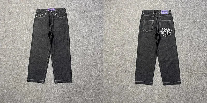 303紫色小标黑印花牛仔裤