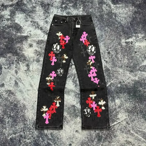 Black Embroidered Cross and Skull Patch Jeans