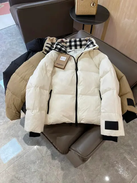 Burberry Cream Puffer Jacket with Check Lining