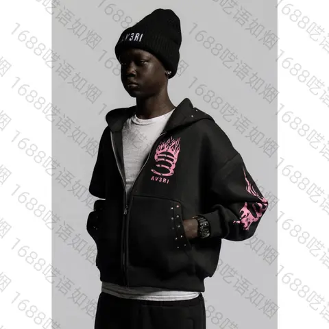 AV3RI Black Zip-Up Hoodie with Pink Flame Logo