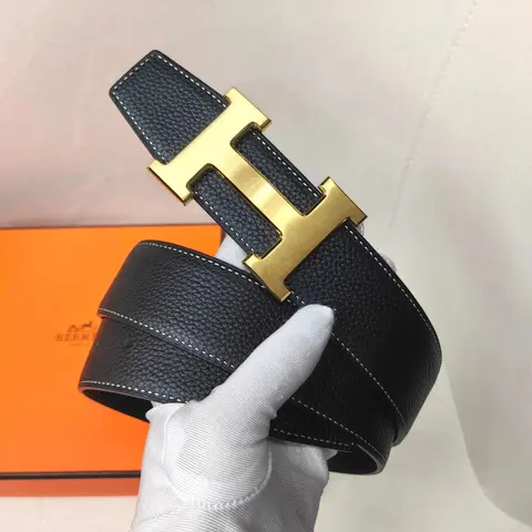 Hermès Black Leather Belt with Gold H Buckle