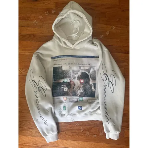 White Hoodie with Mental Health Computer Interface Graphic and Cursive Sleeve Design