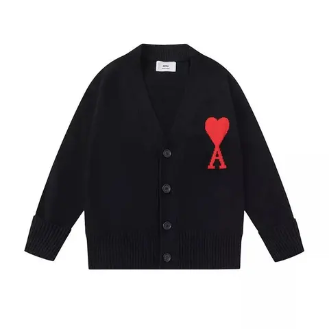 AMI Paris Black Cardigan with Red Heart A Logo