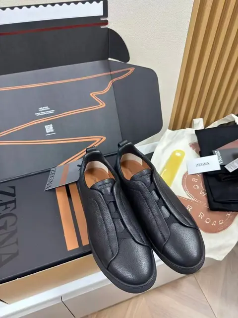 Zegna Black Leather Slip-On Sneakers