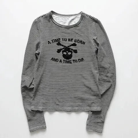 Striped Long Sleeve T-Shirt with Skull and Crossbones Graphic