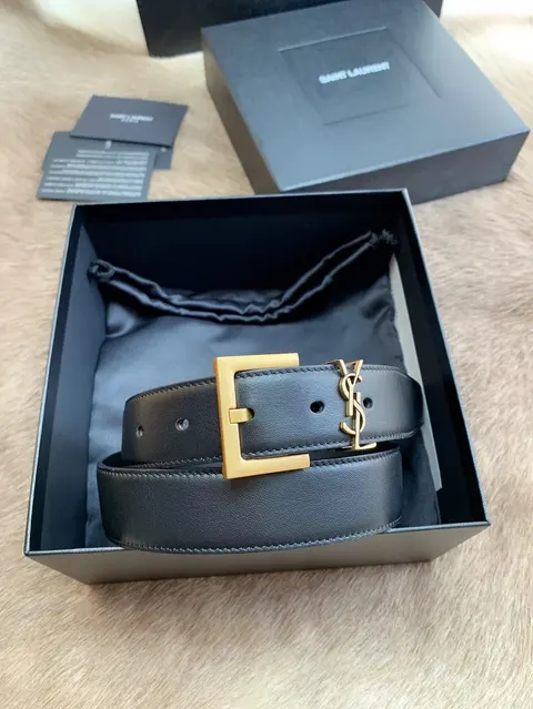 Saint Laurent Black Leather Belt with Gold-tone YSL Buckle