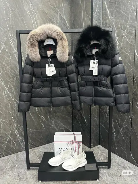 Moncler Women's Down Jackets with Fur Hood and Matching Sneakers