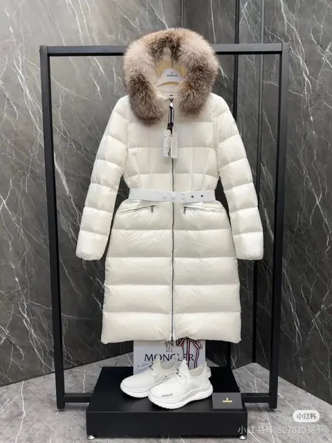 Moncler White Long Puffer Coat with Fur Collar