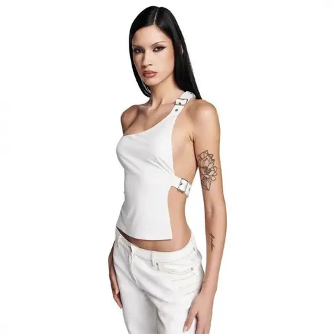 Edgy Workwear-Style Asymmetrical One-Shoulder Crop Top with Silver Square Buckle and Backless Design
