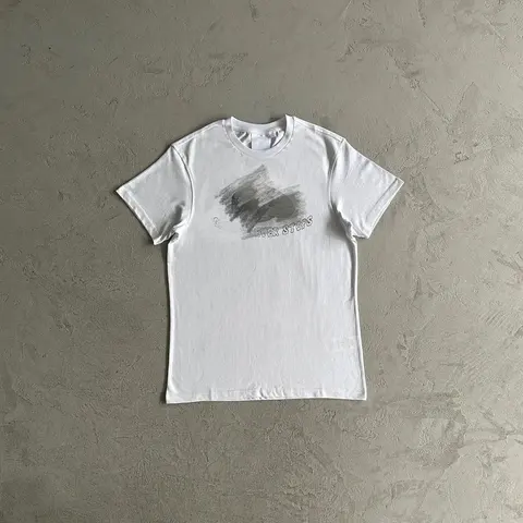 White T-Shirt with Abstract Graphic and 'Never Stops' Text