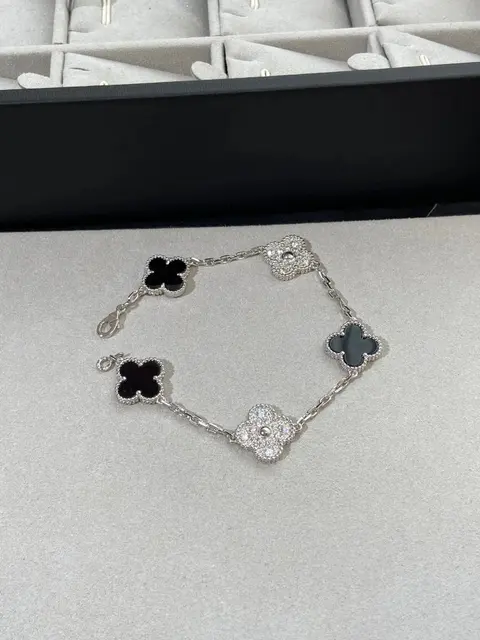 Four-Leaf Clover Bracelet with Black and Crystal Accents