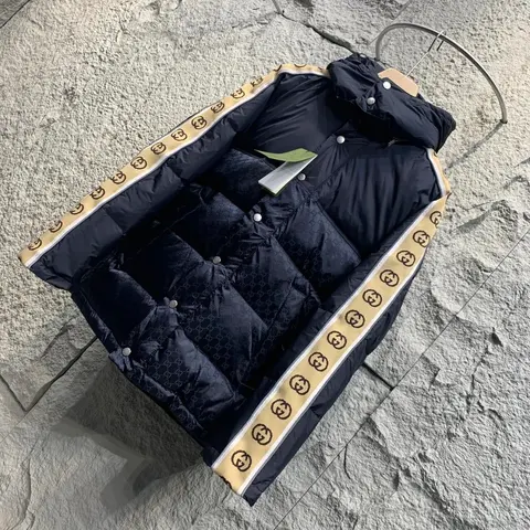 Gucci Black Monogram Puffer Vest with Gold Web Trim