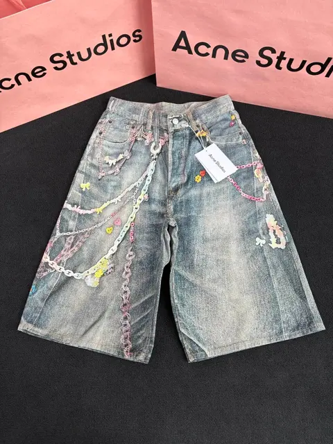 Acne Studios Denim Shorts with Pastel Chain Embellishments