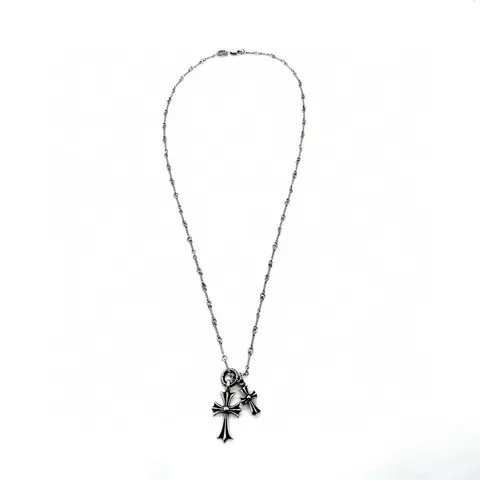 Lead-Free CH Double Cross Diamond Necklace in S925 Sterling Silver