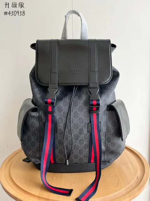Gucci Black GG Supreme Backpack with Webbing Straps