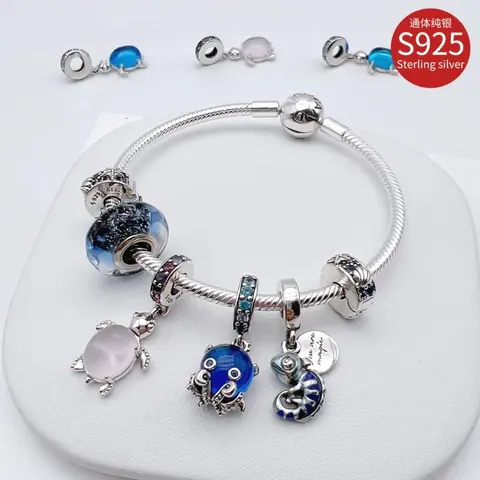 S925 Sterling Silver Charm Bracelet with Sea Life Charms