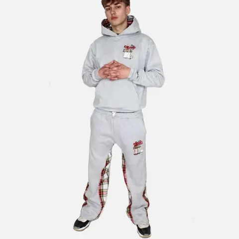 Gray Hoodie and Sweatpants Set with Plaid Accents