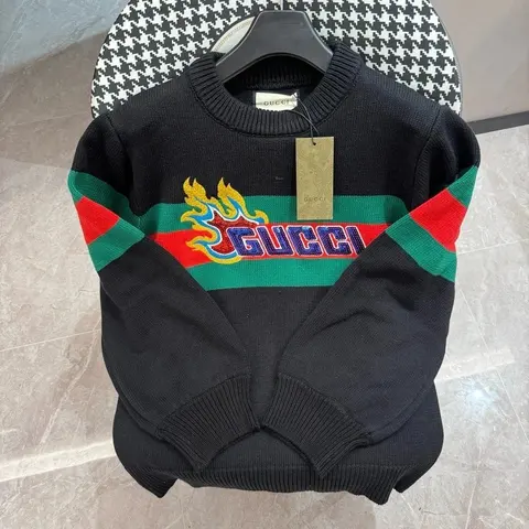 Gucci Black Knit Sweater with Embroidered Logo and Flame Design