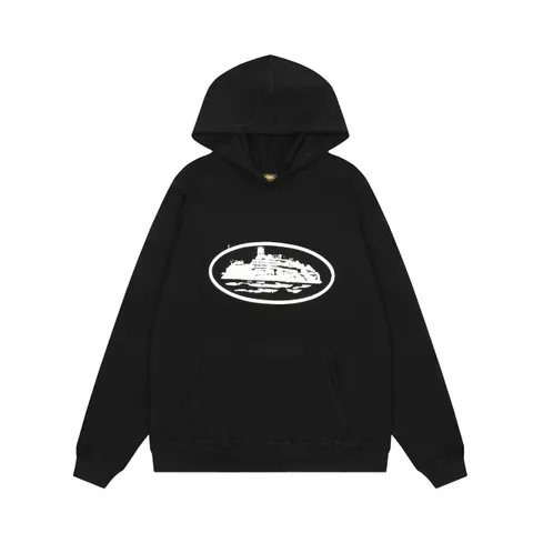 Black Hoodie with White Oval Castle Graphic