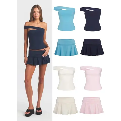 Summer 2026 Women's Solid Color Fitted Skirt with Asymmetrical Neckline and Strapless Top Design