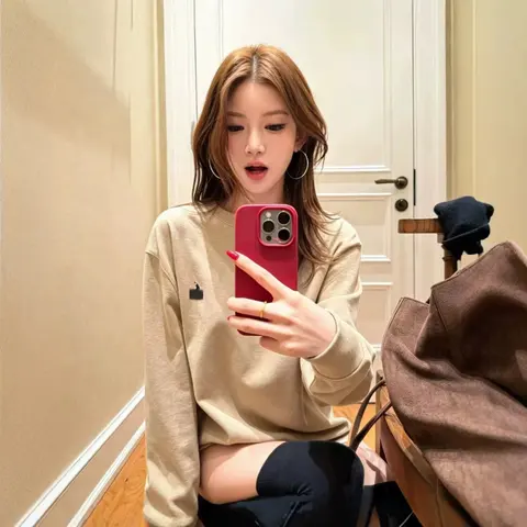 Beige Long Sleeve Sweatshirt with Small Logo Patch