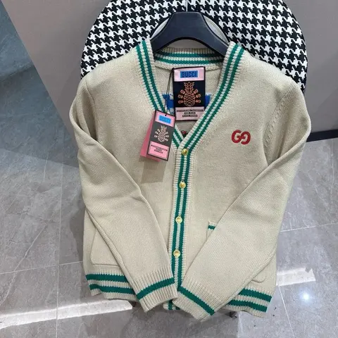 Gucci Cream Knit Cardigan with Green Trim and GG Logo