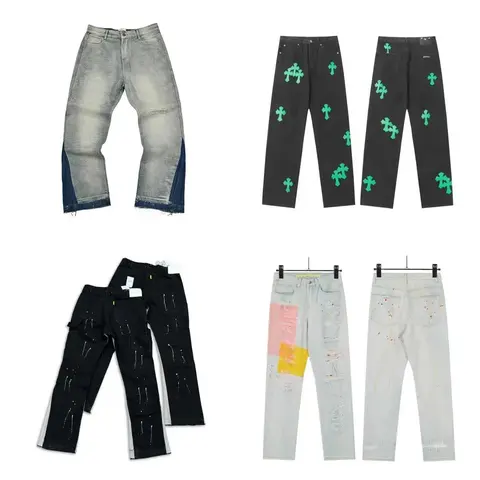 Designer Denim Collection Featuring Patchwork, Cross Embroidery, and Artistic Paint Splatter Jeans